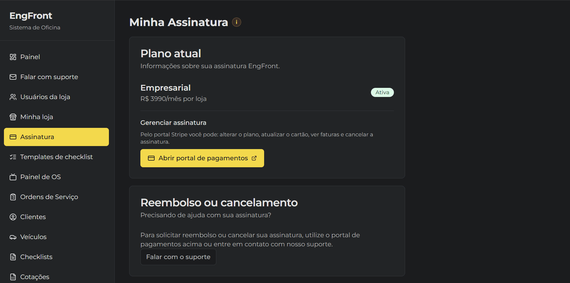 Tela de assinatura digital do cliente na EngFront, colhida via celular ou tablet