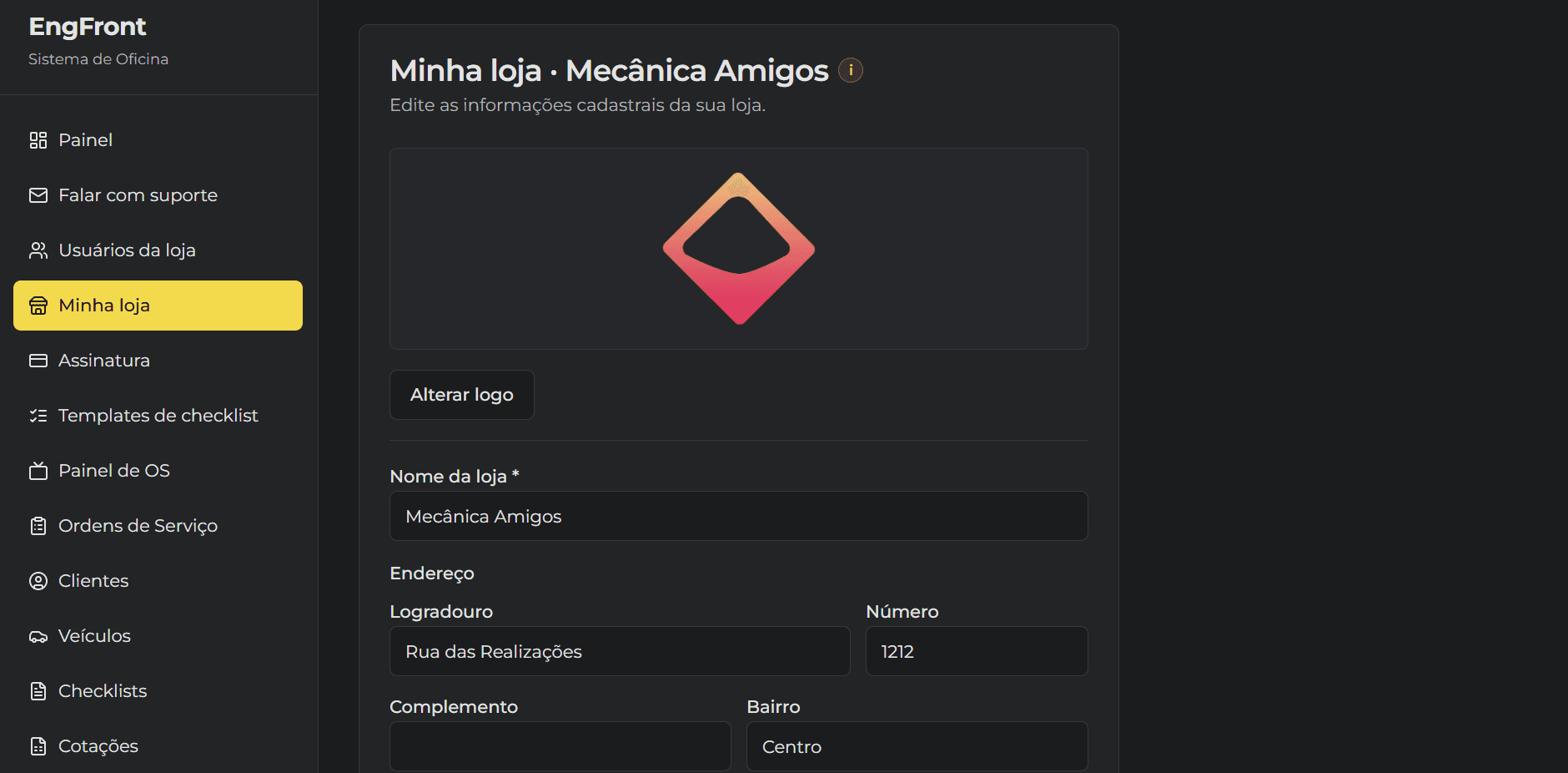 Tela de cadastro de loja na EngFront, com formulário guiado para criar a oficina mecânica