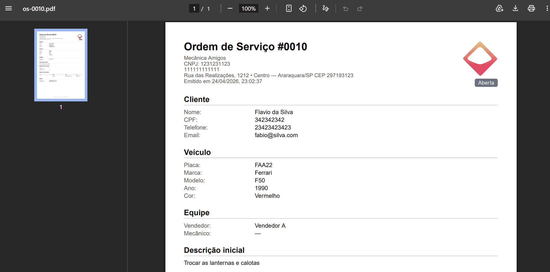 Exemplo de PDF de Ordem de Serviço gerado pela EngFront com a marca da oficina