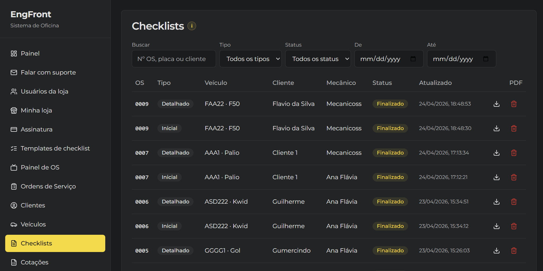 Lista de checklists digitais executados na EngFront