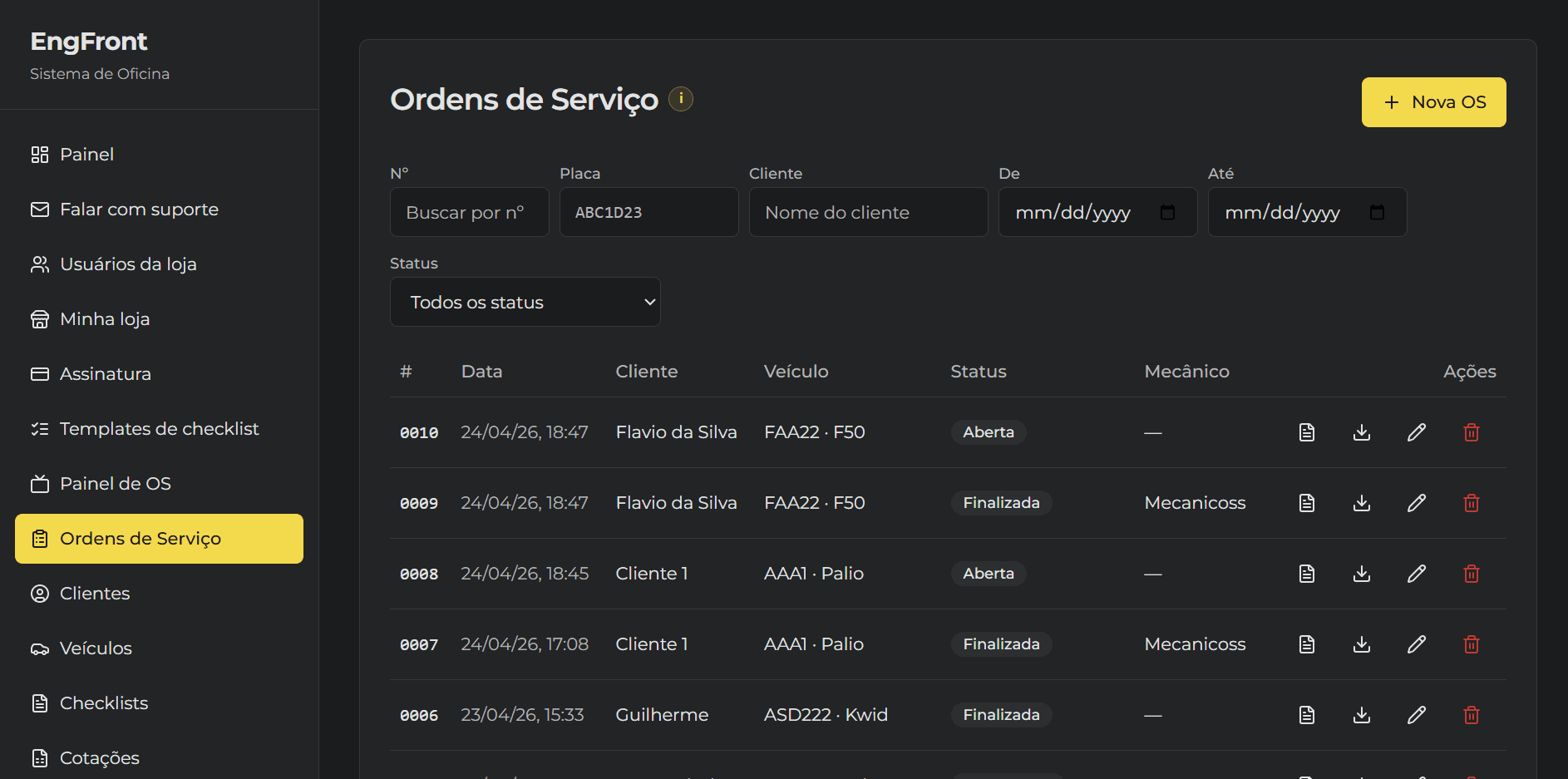 Lista de Ordens de Serviço da EngFront com filtros por status, placa e cliente