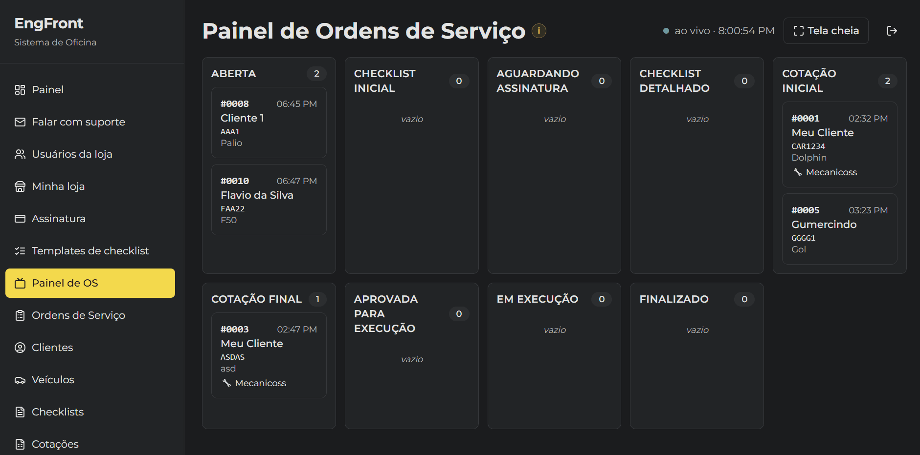 Painel ao vivo de Ordens de Serviço da EngFront para exibição na TV da recepção