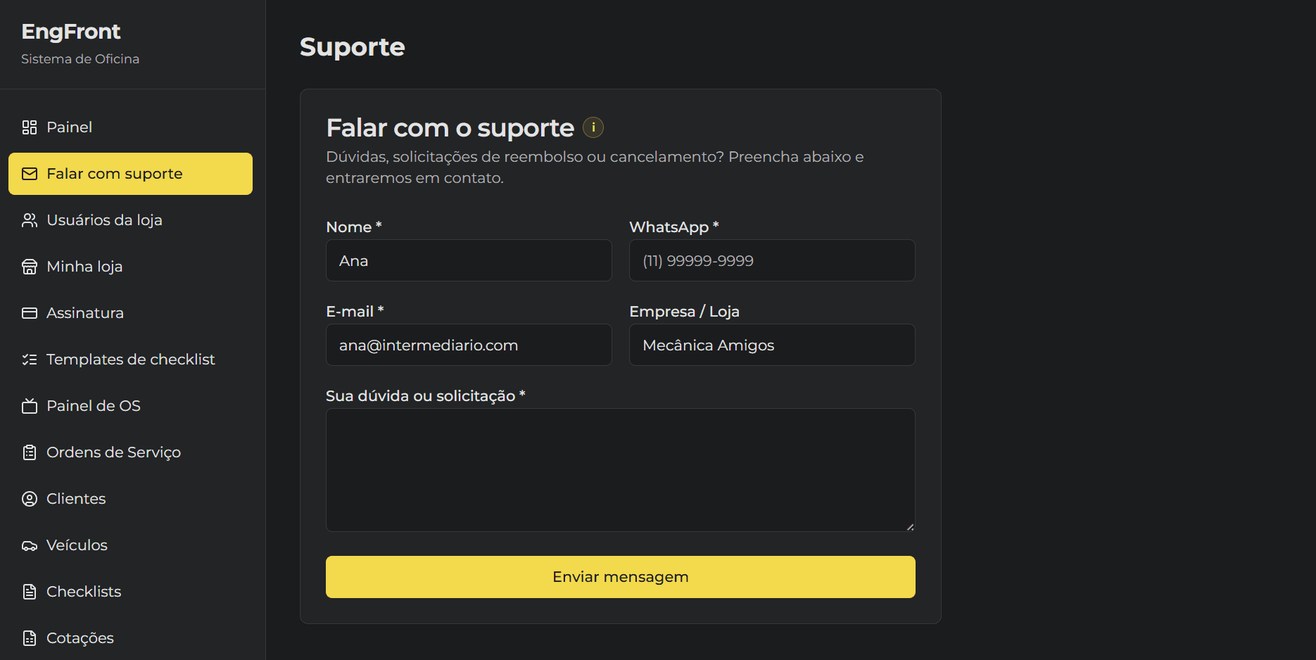 Formulário de suporte integrado da EngFront para falar com o time da plataforma