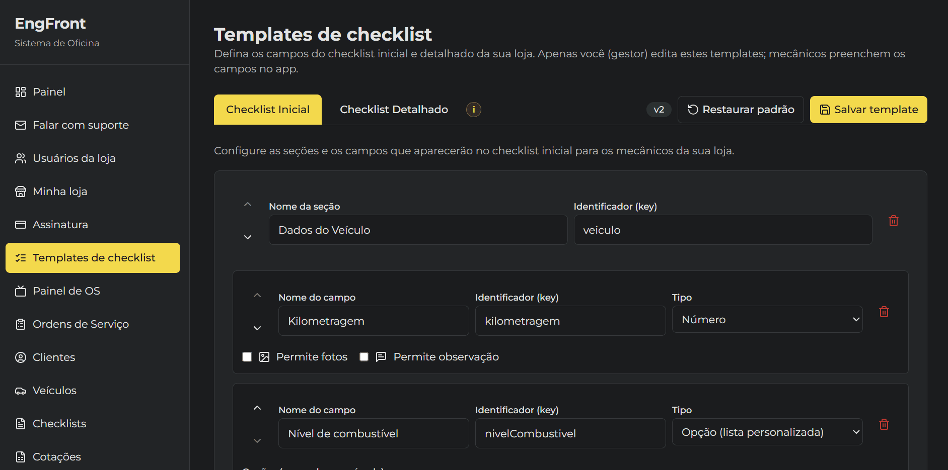 Tela de configuração de templates de checklist personalizados na EngFront