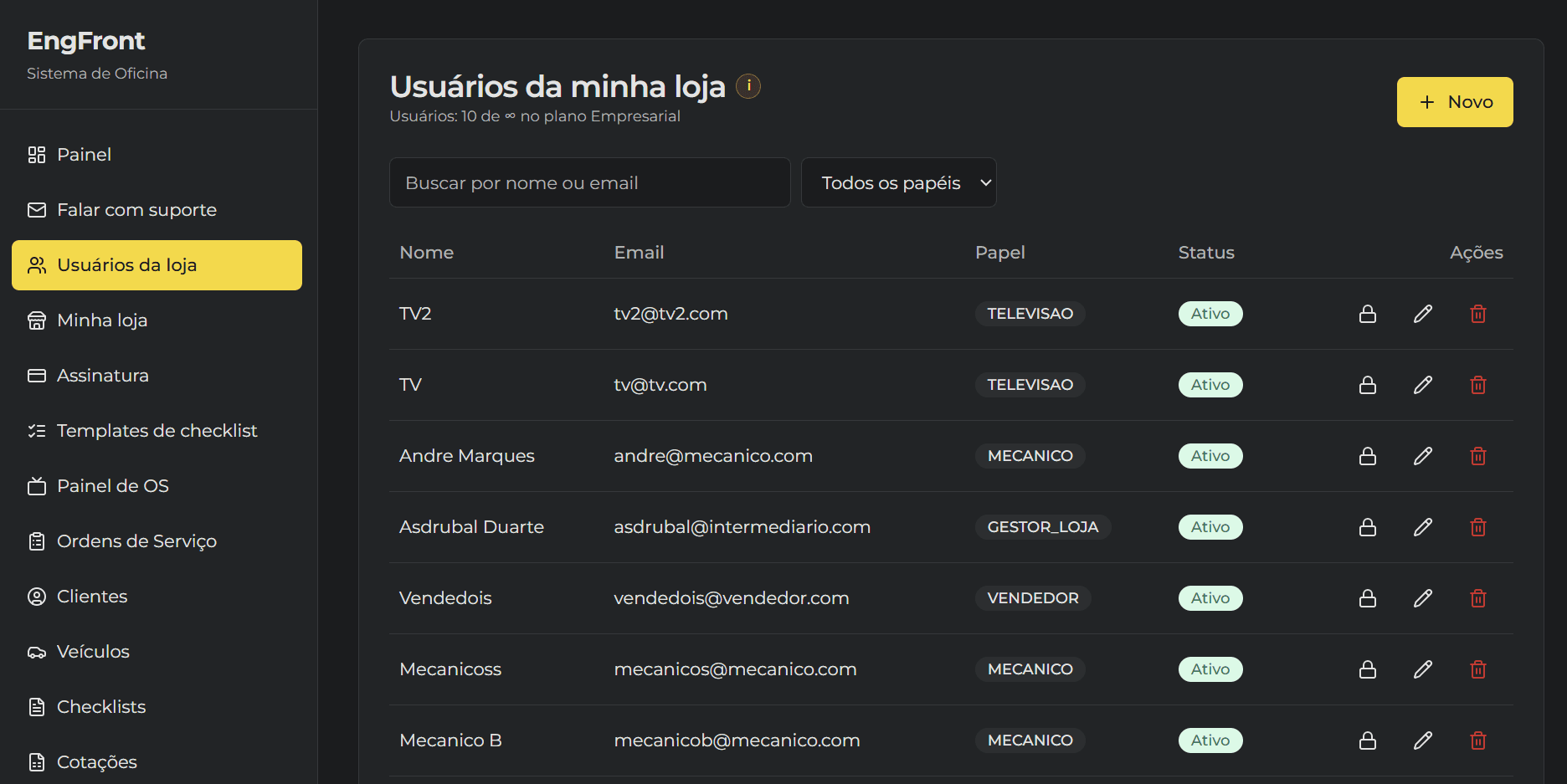 Tela de gestão de usuários da loja na EngFront com perfis Gestor, Vendedor, Mecânico e TV